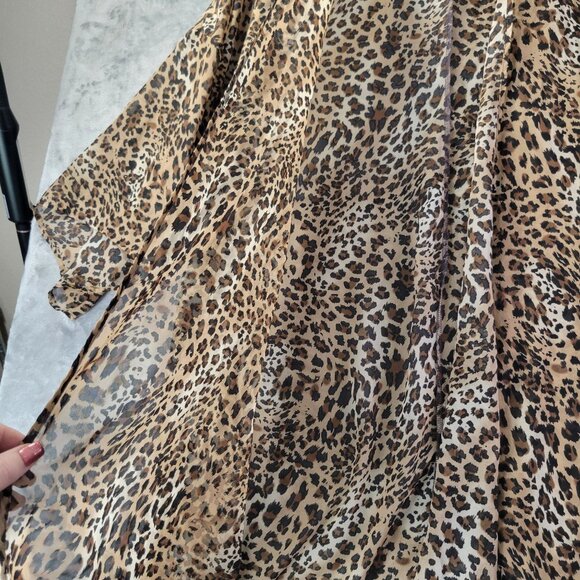 Womens Leopard Print‎ Duster Kimono Semi Sheer Open Front Cardigan resortwear - Picture 5 of 9